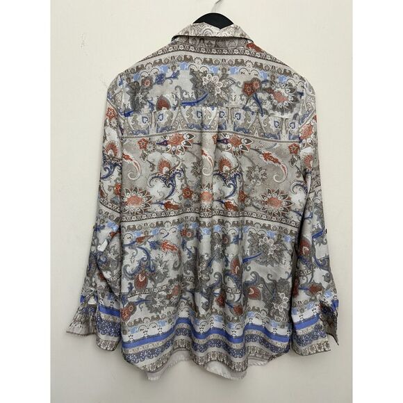 Vintage Paisley Print Button-Down Shirt with Floral Pattern Grey Blue Coral - Picture 2 of 6